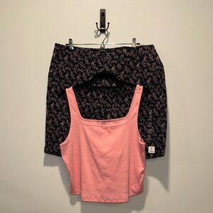 Peach Pink Tank Top and Navy Mini Floral Bermuda Short Set